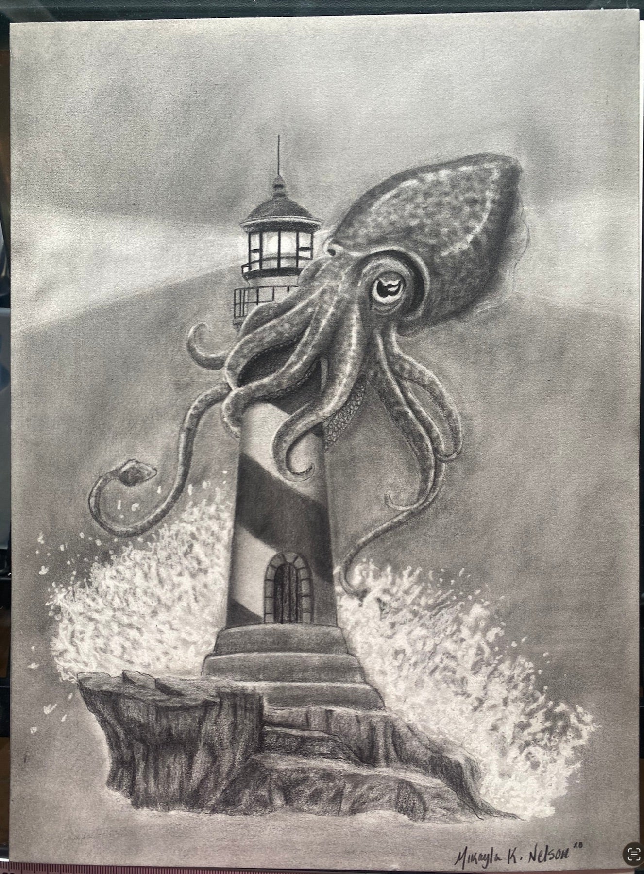 Graphite drawing of an octopus wrapped around a lighthouse in heavy surf